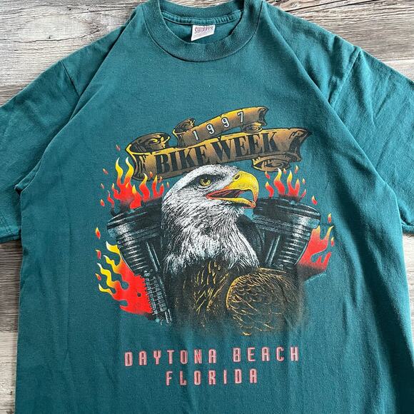 Vintage 90s‎ Green Sherry's Best 1997 Bike Week Daytona Beach Florida Biker Tee - Picture 3 of 9